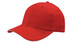A red cap with a curved brim and sandwich trim, featuring a logo on the front.