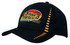 A black cap with a vibrant orange and yellow logo, featuring checkered detailing and a branded design.