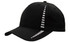 A black cap featuring a contrast stripe design and a logo on the front.