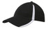 A black cap with white inserts on the peak and crown, featuring a logo on the side.