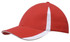 A red cap with white inserts on the peak and crown, featuring a logo on the side.