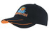 A cap featuring a black design with orange accents and embroidered graphics. It has a logo on the front.