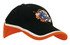 A tri-coloured cap featuring black, orange, and white panels with a logo on the front.