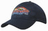 A navy blue cap with an embroidered design featuring a logo and text. The cap has a curved brim and adjustable strap.