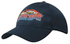 A navy blue cap featuring multicoloured embroidery and a logo. The cap has a curved brim and a branding label.