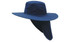 A canvas sun hat in navy blue with a wide brim and neck flap for sun protection. It features a logo on the side.
