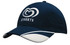 A navy cap with a logo and white mesh inserts on the peak, featuring contrasting white stitching.