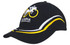 A black cap featuring curved yellow and white embroidery on the crown and peak, with a logo displayed.