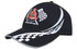 A black cap featuring white checkered patterns, an embroidered logo, and curved designs.