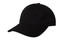 A black cap with a curved brim, featuring a logo on the front.