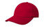 A red cap with a curved brim and an adjustable strap at the back. It features a logo on the front.