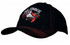 A black cap with contrasting red stitching and an embroidered logo of a crab.