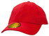 A red cap with a curved brim and a circular logo on the front.