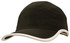 A black microfibre sports cap with a white trim along the edge of the crown and peak. It features a logo.