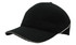 A black cap with a curved brim and crown piping detail. Features a logo on the front.