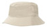 A breathable poly twill bucket hat in beige, featuring a wide brim and a logo.