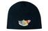 A black cotton beanie featuring a multi-coloured logo on the front.