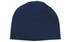 A navy cotton beanie featuring a simple design with a logo on it.