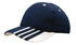 A navy mesh cap with white striping on the peak and a logo on the front.