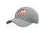 A grey cap featuring an embroidered logo in orange and green. The cap has a classic curved brim and adjustable strap.