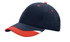 A cap featuring a navy blue body with a red peak and trim, along with a red button on top and a branding logo.