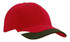 A red cap with a green peak and printed trim, featuring a structured design and a logo.