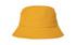 A yellow child's bucket hat with a wide brim, featuring side ventilation and a logo.