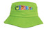 A bright green youth bucket hat with a logo featuring colourful cartoon characters on the front.
