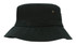 A black infants bucket hat featuring a wide brim and two ventilation holes. It has a simple design with branding.