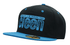 A black cap with a blue peak featuring a logo on the front. It has a snapback style with a fitted design.