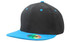 A black cap with a blue peak and blue detailing, featuring a logo on the side.