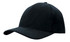 A black cap with a curved brim and snapback closure, featuring a logo on the front.