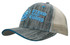 A grey and blue cap with a textured design and a mesh back, featuring a branded logo on the front.