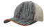 A cap featuring a wood-like printed design in shades of grey, with an orange accent and a mesh back.
