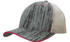 A cap featuring a grey wood print design with a beige mesh back and pink accents. It includes a logo.