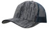 A cap featuring a wood print design with a mesh back, predominantly in shades of grey and blue.