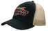 A black cap with a beige mesh panel and a branded logo on the front.