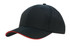 A black sports cap with a trimmed red sandwich peak and a logo on the front.