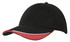 A black cap with a red and white indented peak, featuring a logo on the front.