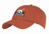 An orange cap with a curved brim and a logo on the front.