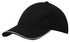 A black cap with a curved peak and white piping along the edge. It features a logo on its front.