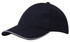 A navy blue cap with a mesh design and contrasting trim, featuring an adjustable strap at the back.