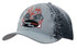 A grey cap featuring tyre print, flame graphics, and a logo. The design includes a contrasting peak and stitched details.
