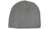 A grey cable knit beanie with a textured pattern, featuring a logo on the side.