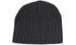 A cable knit beanie in dark grey with ribbed texture and a simple design. It features a logo.