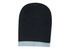 A two-tone cable knit beanie in dark grey with a light grey band at the bottom, featuring a logo.