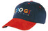 A cap featuring a navy blue cotton body with a red suede peak and a logo on the front.