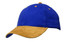 A blue cap with a suede peak in a tan colour, featuring a logo on the front.