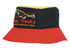 A multicoloured bucket hat features a black, yellow, and red design, with a logo on the front.