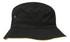 A black bucket hat with a contrasting yellow trim and a logo on the side.
